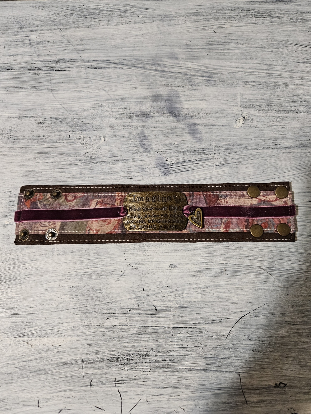 Source Unknown Brown Leather Cuff Bracelet with Pink Velvet and Floral Inlay